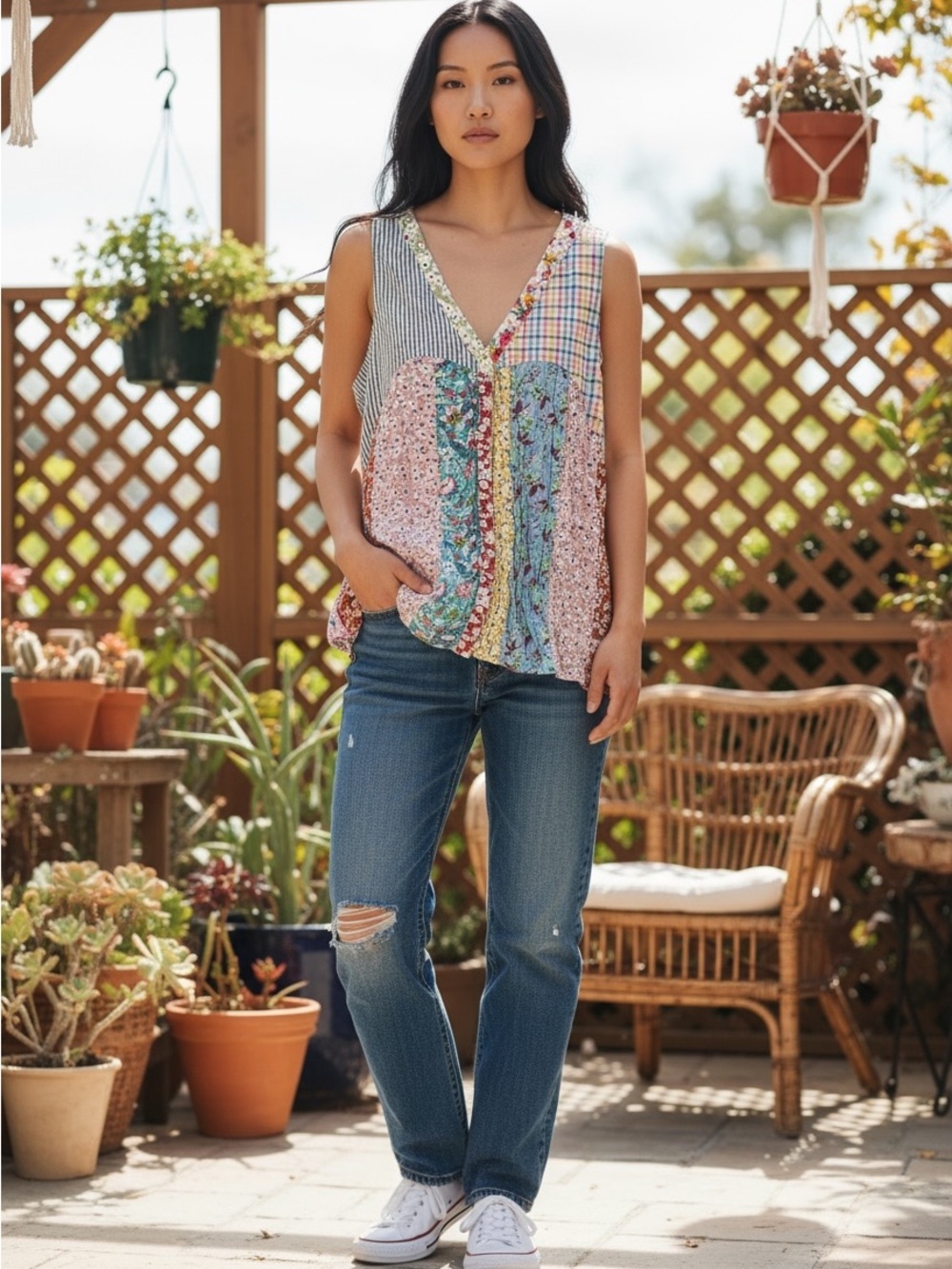 Young Threads V-Neck Patchwork Tank